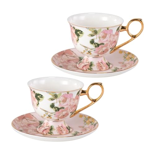 KAMMAK Tea Cups and Saucers Set of 2, Fine Bone China Coffee Cups, NX025 | Stackable Espresso Mugs, Ceramic Demitasse for Coffee, Cappuccino, Latte, Americano, Tea - size: 8CZNX025