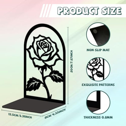 5.3"x4.3"x7.9" Metal Bookends, Heavy Duty Book Ends for Shelves | Rose Flower Theme Cast Iron Book Supports, 1 Pair Decor Stoppers for Desk, Library, Office & Home Shelves - style: Rose Flower