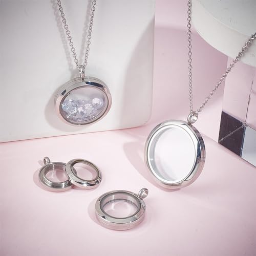 4pcs Photo Locket Charms Necklace Round Stainless Steel Locket Pendants Crystal Double-Sided Picture Frame Memory Locket Charm with 17.7inch Chain for Wedding Jewellery Making Photo - color: Silver A