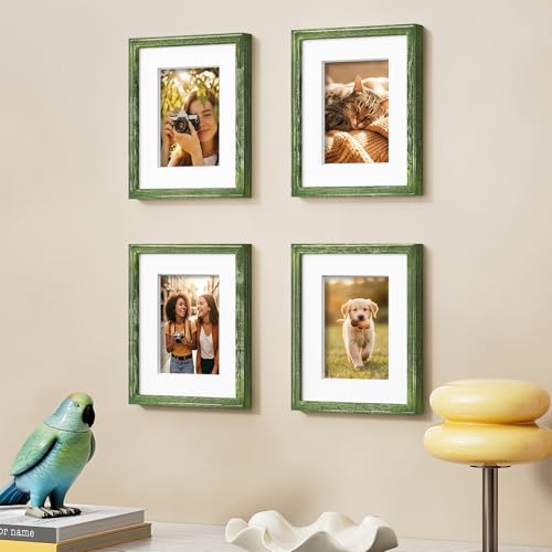 Vittanly Solid Wood 8x10 Picture Frames Set of 4, Distressed Green | 5x7 Picture Frame with Mat, Gallery Wall Frame Set, 8 x 10 Frame for Wall & Tabletop Display, Family, Pet, Christmas - color: Distressed Green, size: 8x10