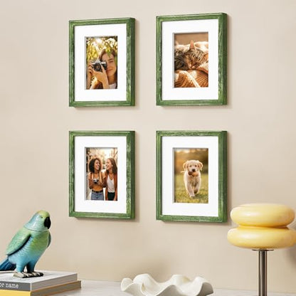 Vittanly Solid Wood 8x10 Picture Frames Set of 4, Distressed Green | 5x7 Picture Frame with Mat, Gallery Wall Frame Set, 8 x 10 Frame for Wall & Tabletop Display, Family, Pet, Christmas - color: Distressed Green, size: 8x10