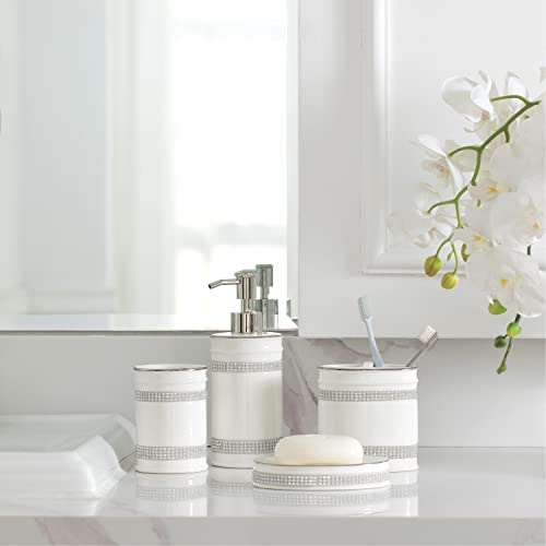 Bathroom Accessories Set, 4-Piece Ceramic Bath Accessory Complete Set with Lotion Dispenser/Soap Pump, Tumbler, Soap Dish and Toothbrush Holder (Rhinestones, White)