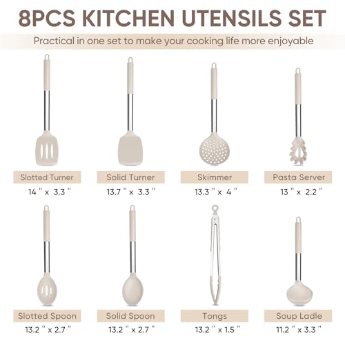 TeamFar Kitchen Utensils Set of 8, Silicone Utensils Kitchen Tools Set | with Stainless Steel Handle, for Frying Serving Flipping Draining, Non-toxic & Heatproof, Nonstick & Dishwasher Safe - Khaki - color: Khaki