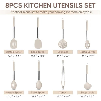 TeamFar Kitchen Utensils Set of 8, Silicone Utensils Kitchen Tools Set | with Stainless Steel Handle, for Frying Serving Flipping Draining, Non-toxic & Heatproof, Nonstick & Dishwasher Safe - Khaki - color: Khaki
