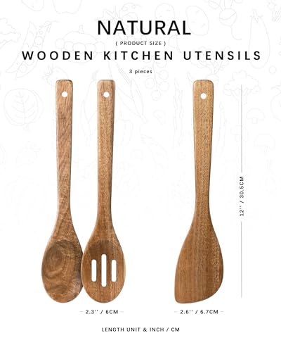 Wooden Spoons for Cooking, 3-Piece Acacia Wood Cooking Utensil Set | Slotted spoon, solid spoon and spatula handle stirring, draining, flipping and serving while staying gentle on nonstick pans. - color: Acacia Brown