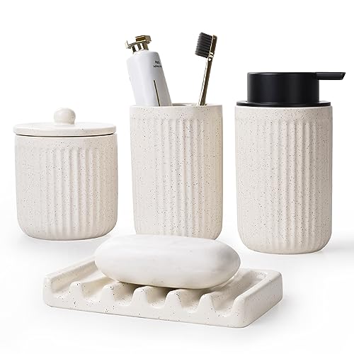 BosilunLife Striped Beige Ceramic Bathroom Accessories Set of 4 | Bathroom Decor Sets Accessories Bathroom Lotion Soap Dispenser and Toothbrush Holder Set, Soap Dish, Apothecary Jars.(Liquid) - color: Beige-liquid