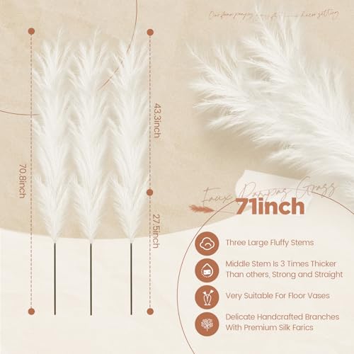 5 Pcs 71'' Large Faux Pampas Grass Decor Tall Faux Pampas Grass Splicable Fake Dried Boho Home Decor Beige Feathers for Vase Artificial Floral for Wedding Home Party Boho Decoration (Beige)