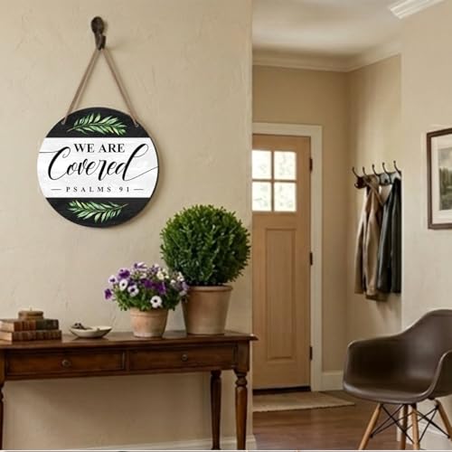 Christian Welcome Wood Hanging Sign Wall Decor for Home Front Door, We Are Covered Farmhouse Christian Bible Verse Wooden Sign Decorations for Home Entryway Living Room Bathroom Kitchen