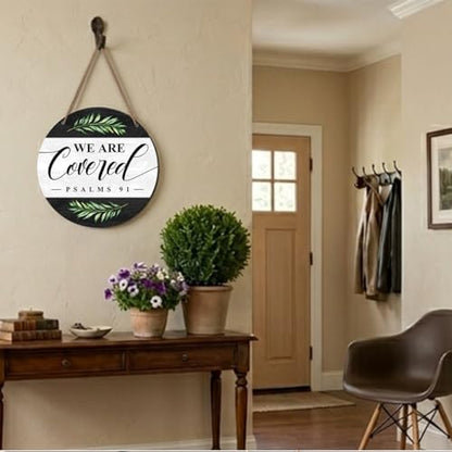 Christian Welcome Wood Hanging Sign Wall Decor for Home Front Door, We Are Covered Farmhouse Christian Bible Verse Wooden Sign Decorations for Home Entryway Living Room Bathroom Kitchen