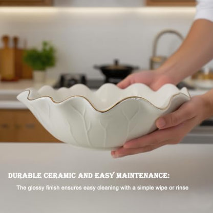 10" Large White Ruffle Lotus Design with Gold Trim Ceramic Fruit Bowl, Shallow Decorative Leaf Floral Bowl for Coffee Table Kitchen Counter and Home Decor Approx Capacity 45 fl oz - size: 10"