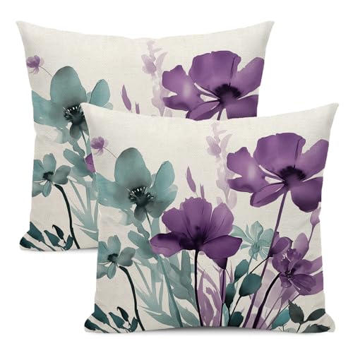 Spring Floral Pillow Covers 18x18 Inches Set of 2 Blue Purple Floral Throw Pillow Cover Outdoor Rustic Summer Flower Decoration Pillowcase Farmhouse Decorative Cushion Cover For Home Sofa Couch - color: Blue Purple Floral, size: 18" x 18" (Pack of 2)