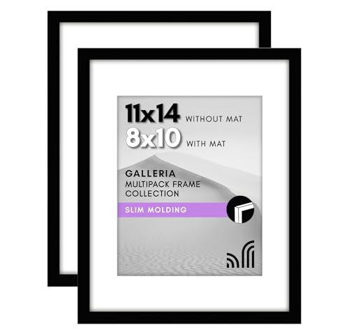 Americanflat 11x14 Picture Frame 2-Pack - Matted to 8x10 - Black | Slim Molding construction, Polished plexiglass front, hangs vertical or horizontal, sawtooth hangers included - color: Black, size: 11X14