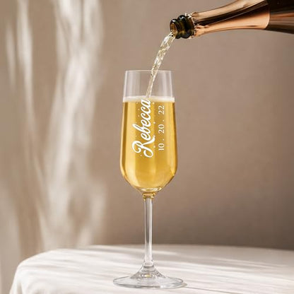 Personalized Champagne Flutes with Name – Script Engraved Champagne Glasses, Custom Name & Date, Wedding Anniversary Birthday Toast Glass (Champagne Flutes-D8) - color: Champagne Flutes-D8