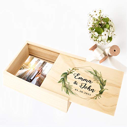Koyal Wholesale Custom Geometric Greenery Leaves Wedding Keepsake Box, 4 x 6 -inch, Custom Name, Date, Natural Wood, - color: Geometric Greenery Leaves