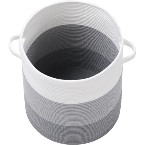 16x18 Inch Extra Large Round Cotton Rope Storage Basket with Lid, Decorative Woven Bin with Cover for Living Room Bedroom Closet, Light Grey & Grey