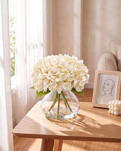Hydrangea Artificial Flowers with Vase, Real Touch Latex, White | Lifelike Faux Water, Nearly Natural Leaves, Durable & Fade-Resistant, Home Office Table Centerpiece Decor - color: White