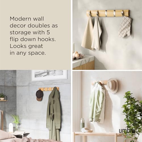 Umbra Flip 5 Wall Mounted Hook | Real wood and steel build, retractable hooks fold flat, holds coats bags and scarves, easy install - color: Natural, size: 5-Hook