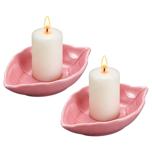 uxcell 2Pcs Ceramic Candle Holder Plates, 4.3 x 3'' Leaf Shaped Candlestick Holder Decorative Dish Small Candle Plate for Tea Light Aromatherapy Wedding Rustic Vintage Home, Pink - color: Pink