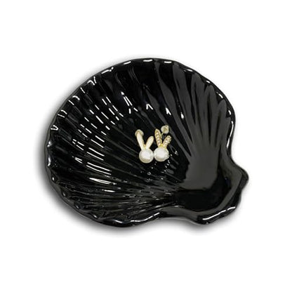 Shell Shape Ring Holder Dish, Seashell Jewelry Dish Tray, Ceramic Trinket Tray for Rings Earrings Necklaces Bracelet, Birthday Mother's Day Christmas Gift for Mom Friend Sister, 3.9", Black - color: Black