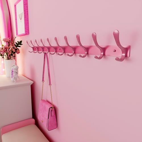 SKOLOO Coat Rack Wall Mounted - 10 Hooks, Heavy Duty, Stainless Steel, Metal Wall Hanger, Sturdy Coat Hooks for Hanging Coats, Jackets, Clothes, Hats - Pink - color: Pink, size: 10 Hook(1 Pack)