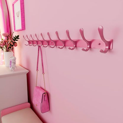 SKOLOO Coat Rack Wall Mounted - 10 Hooks, Heavy Duty, Stainless Steel, Metal Wall Hanger, Sturdy Coat Hooks for Hanging Coats, Jackets, Clothes, Hats - Pink - color: Pink, size: 10 Hook(1 Pack)