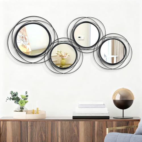 4 Set Circle Mirrors for Wall Decor Living Room Bedroom Entryway | Metal Round Mirror Decorative Hanging Mirrors Sun Bohemian Geometric Accent Sculpture Black 11 In/9.2 in - color: Black, size: Medium