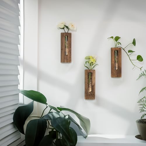 Farmhouse Wall Plant Propagation Station with Glass Tubes | Wall-Mounted Wood Vase with Borosilicate Glass Tube, for Plant Cuttings, Pothos, Herbs and Air Plants, Farmhouse Display - color: Brown