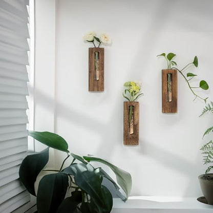 Farmhouse Wall Plant Propagation Station with Glass Tubes | Wall-Mounted Wood Vase with Borosilicate Glass Tube, for Plant Cuttings, Pothos, Herbs and Air Plants, Farmhouse Display - color: Brown
