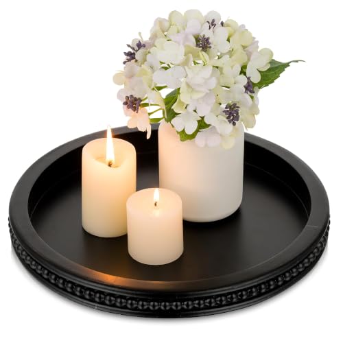 Hanobe Black Decorative Tray for Coffee Table, Round, Beaded Edge | 11.8-inch wood tray for living room, kitchen counter, or entryway table decor, holds candles, plants - color: Black