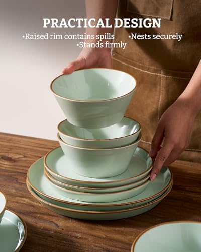 Famiware Saturn Dinnerware Sets, Ceramic Dishes for 4, Rimmed Plates, Bowls | Light Green, 12 pcs Microwave and Dishwasher Safe Stoneware, Chip & Scratch Resistant, Modern Rustic Tableware, Everyday Use - color: Light Green, size: 12