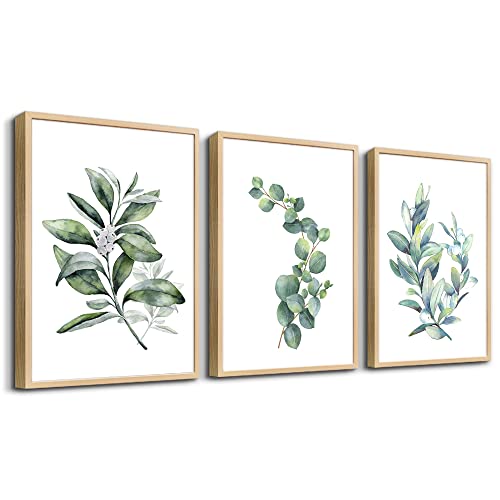 Framed Canvas Wall Art For Living Room Wall Decor For Bedroom Green Leaves Plants Watercolor Painting Office Wall Pictures Kitchen Wall Decorations Bathroom Decor Set Of 3 Piece Framed Art Prints - color: Watercolor Plant Leaves(Natural Wood Framed), size