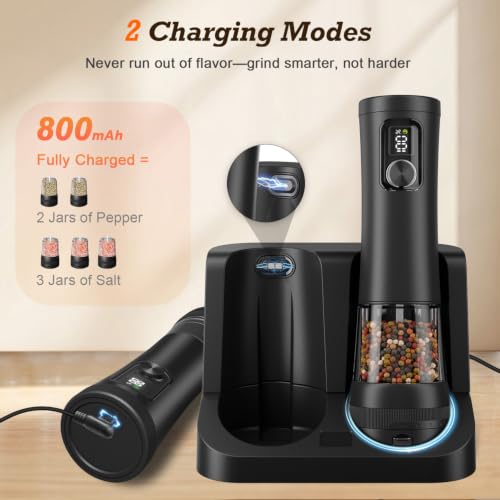 Flelano Electric Salt and Pepper Grinder Set, Automatic Refillable Salt and Pepper Shakers 2-Speed Setting with LED Light and 5 Adjustable Coarseness,Practical and Convenient Kitchen Gadgets,All-Black - color: All-Black