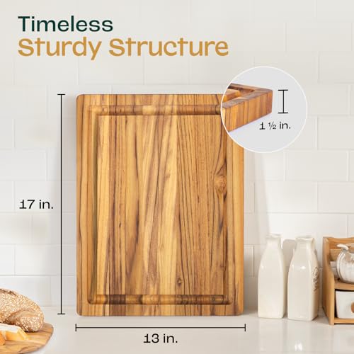 Yes4All Durable Teak Cutting Boards for Kitchen,[16.5''L x 13''W x 1.5”Thick] Medium Edge Grain Cutting Board, Pre Oiled Wood Cutting Boards, Thick Chopping Board w/Juice Grooves and Easy Grip Handle - size: 16.9"L x 13"W, style: Teak