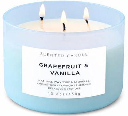 Grapefruit Vanilla 3-Wick Soy Candle, 15.8 Oz Large Scented Candle for Home | Bright Creamy Citrus With Bergamot & Berries, Aromatherapy, Room-Filling Scent, Clean Burn, 15.8 Oz, Blue Jar, Gift Ready