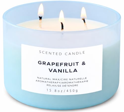 Grapefruit Vanilla 3-Wick Soy Candle, 15.8 Oz Large Scented Candle for Home | Bright Creamy Citrus With Bergamot & Berries, Aromatherapy, Room-Filling Scent, Clean Burn, 15.8 Oz, Blue Jar, Gift Ready