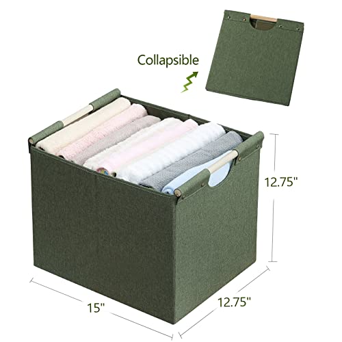 HOONEX Large Collapsible Storage Bins, Linen Fabric, Pack of 2, Storage Baskets with Wooden Carry Handles and Sturdy Heavy Cardboard, for Home, Office, Car, Nursery, Olive - color: Olive