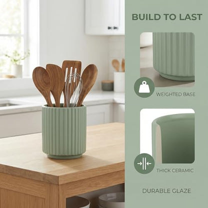 Small Utensil Holder for Kitchen Counter (H5.51” x W4.92”), Countertop Utensil Holder for Kitchen Ceramic, Utensils Crock for Countertop, Includes Silicone Drying Mat, White