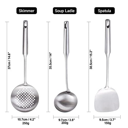 Wok Utensils for Carbon Steel, Stainless Steel Wok Spatula, Wok Tools Professional Set, 3-Pieces Food-Grade 304 Stainless Steel Cooking Utensils All Metal, Dishwasher Safe - color: Natural 3