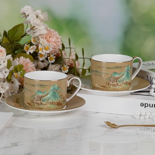 KAMMAK Tea Cups and Saucers Set of 2, Porcelain Coffee Cups, JBE009 | Stackable Espresso Mugs, Ceramic Demitasse for Coffee, Cappuccino, Latte, Americano, Tea - size: 8CZJBE009