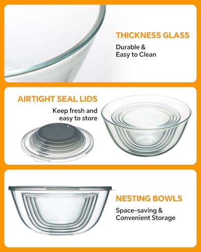 Glass Mixing Bowls with Lids Set of 5(4.78QT,2.2QT,1.7QT,1.1QT,0.85QT),Thick Glass Nesting Bowls for Kitchen Baking,Cooking Prep,Storage,Serving,Large Salad Bowls,Dishwasher Microwave Freezer Safe