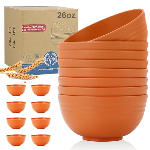 Wheat Straw Bowl Sets,8 PCS Unbreakable Cereal Bowls 26 OZ,Microwave and Dishwasher Safe Bowl Sets, Bowls suitable for picnic,camping and R.V. (Orange) - color: Orange, size: 26 oz