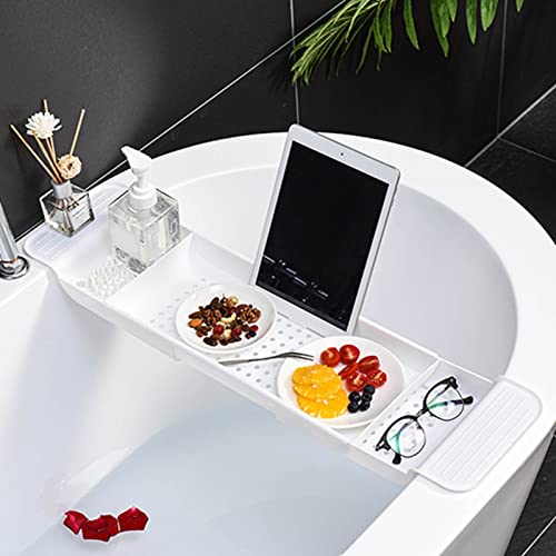 Bathtub Caddy Tray, Expandable Bath Tray for Bathtubs Plastic Shower and Bath Shelf Caddy Adjustable Bath Tub Table Caddy Pad Holder Shampoo Soap Storage Bathroom Accessories Dish Drainer(White)