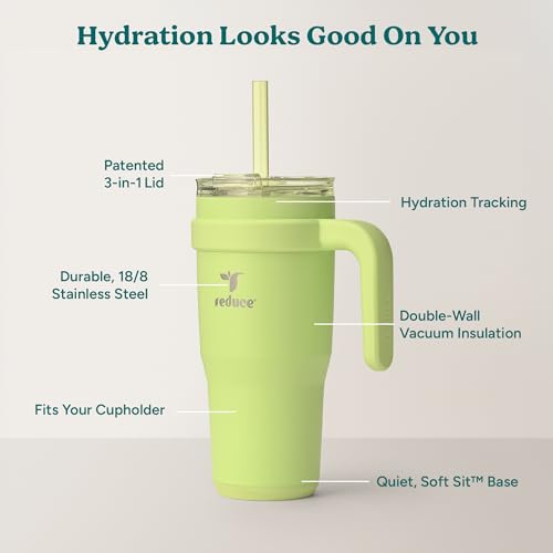 REDUCE 24 oz Stainless Steel Tumbler with Handle - Dual-Wall Vacuum Insulated Travel Mug, Sweat-Proof Lid & Reusable Straw - Keeps Drinks Cold for 24 Hrs, Fits Cupholders, Dishwasher Safe - Mojito - color: Mojito, size: 24 Ounces