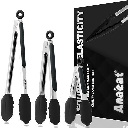 Anaeat Non-Stick Silicone Locking Tong Set of 3 - Stainless Steel 7", 9", 12" Kitchen Food Tongs with Non-Slip Silicone Tips and Grip for Cooking, Baking and BBQ - Heat Resistant up to 480°F (Black) - color: 3 Pcs Silicone - Black, size: 7+9+12 Inch