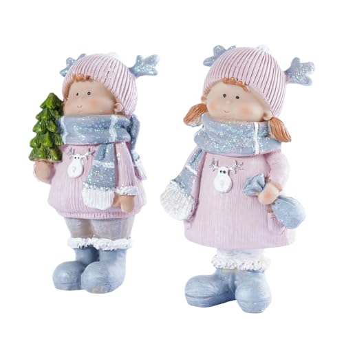 Christmas Home Decor Set of 2 Resin Mini Sculptures with Reindeer Hats, Cute Female Themed Winter Ornaments for Mantel, Tiered Tray & Indoor Tabletop Christmas Decor