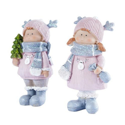 Christmas Home Decor Set of 2 Resin Mini Sculptures with Reindeer Hats, Cute Female Themed Winter Ornaments for Mantel, Tiered Tray & Indoor Tabletop Christmas Decor