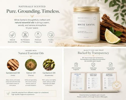 White Santal Scented Candle for Home | Natual Soy Wax | 50 hrs Burn Time | Hand Poured in Small Batches | Premium Fragrance - color: White Santal