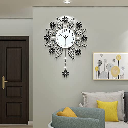 Large Decorative Black Crystal Wall Clock for Living Room Decor | Big Luxury Modern Wall Clock with Pendulum Battery Operated Non Ticking Silent Quartz Metal Clock for Kitchen Office Bedroom - style: Art Deco