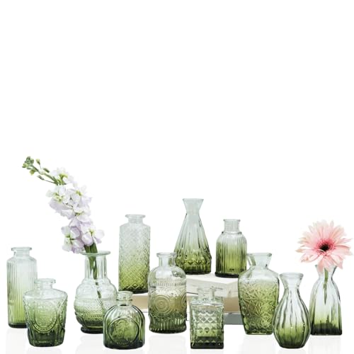 Bud Vases Set of 12,Glass Bud Vases in Bulk,Small Flower Vases for Centerpieces,Mini Vintage Vase for Wedding, Home Table Decor,Christmas,Party Decoration,Green - color: 12pcs-green