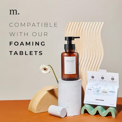 MaisoNovo Glass Foaming Soap Dispenser 14 Oz | Glass Bottles Pumps x 2 Amber with Tray - color: Amber Bottles/Black Plastic Pumps/Ceramic Tray